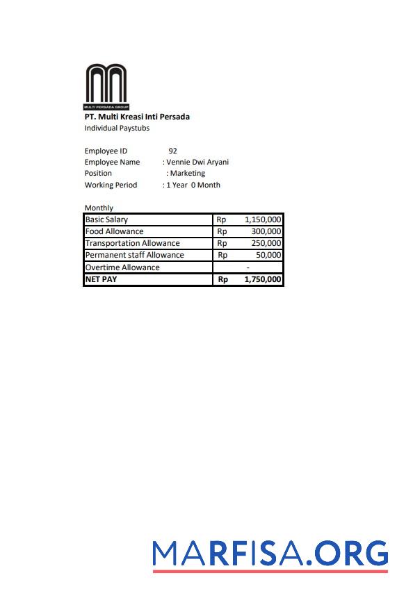 Printable PT. Multi Kreasi Inti Persada salary pay stub real example